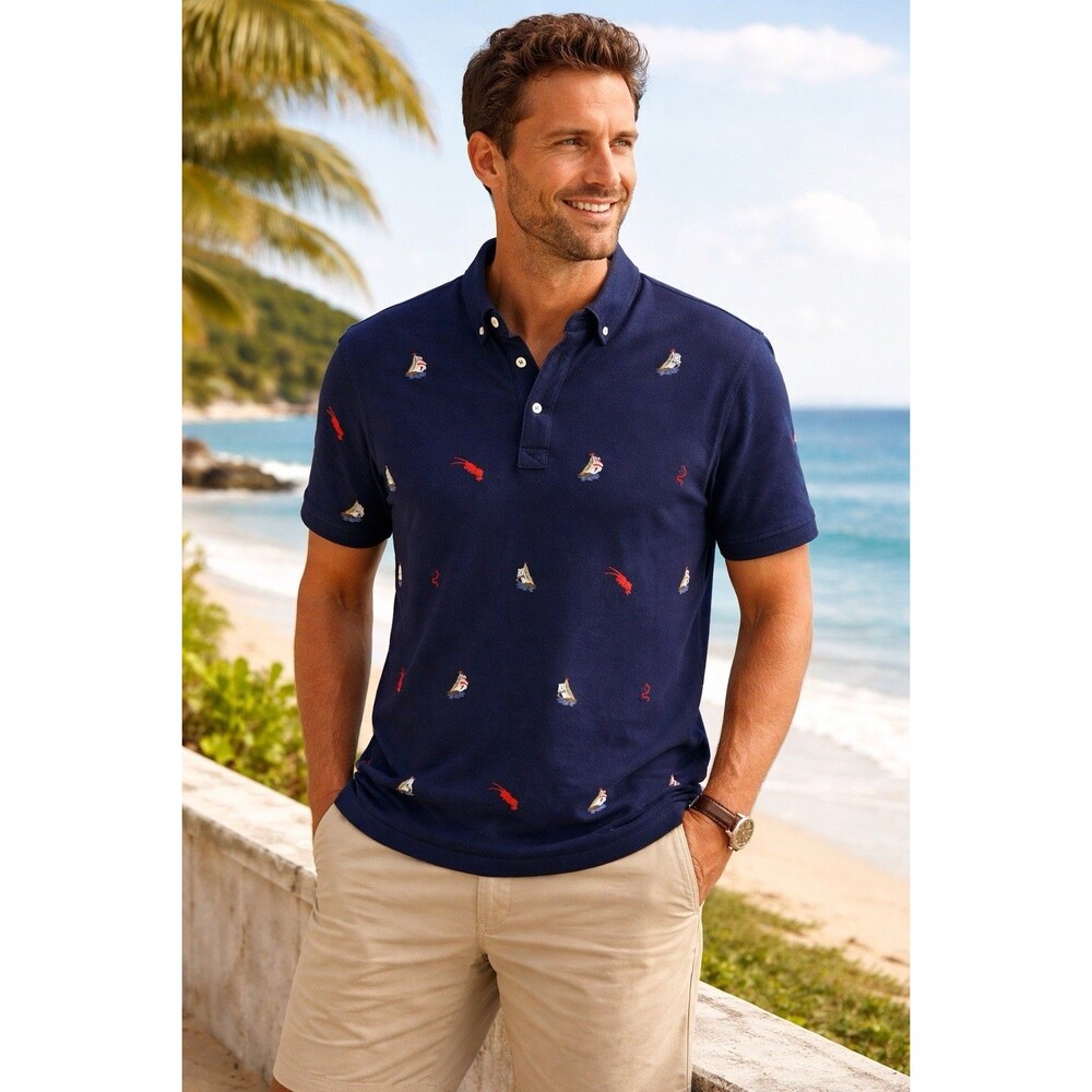 Polo Ralph Lauren Shirt Men M Navy Lobster All Over Print Coastal Nautical Sail